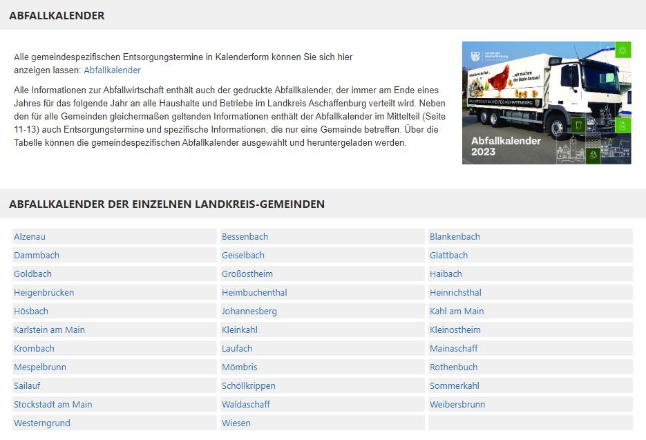 Screenshot des Internetauftritt des Landkreises Aschaffenburg