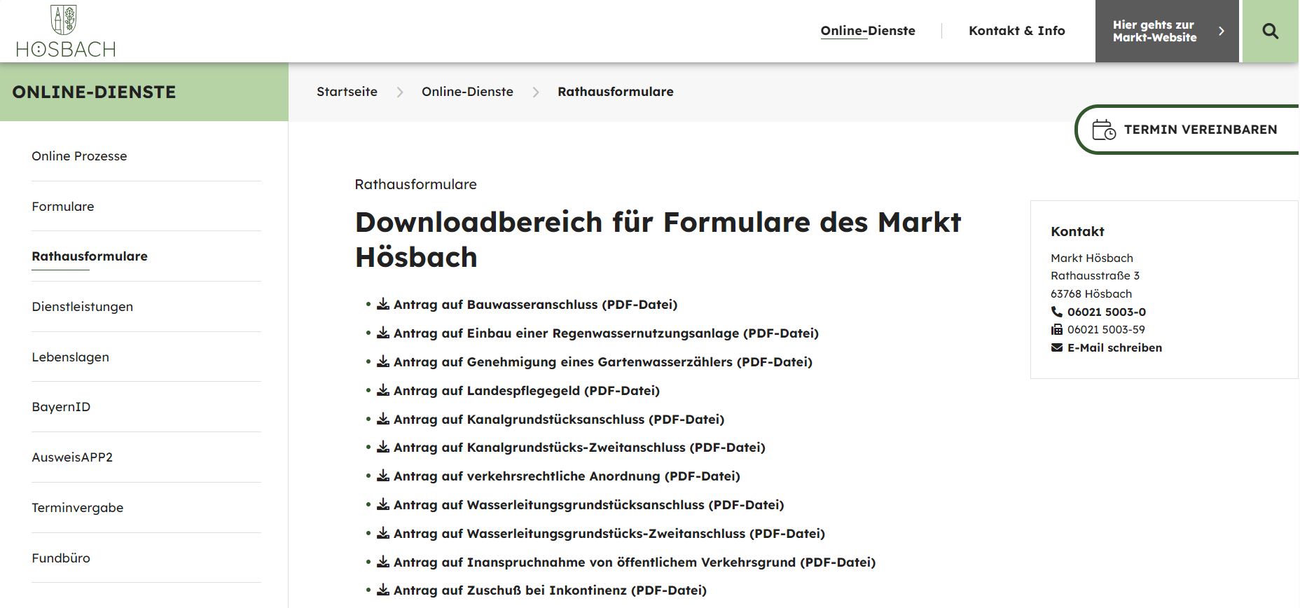 Screenshot Bürgerserviceportal Formulardownload